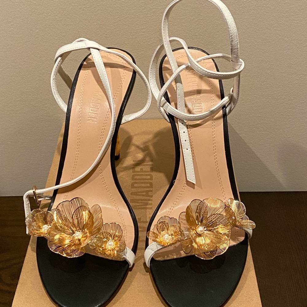 Steve Madden White Strap Heels with Gold Floral Accent